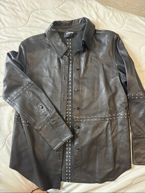 The Kooples Black Leather Stud-Trim Button Down Shirt